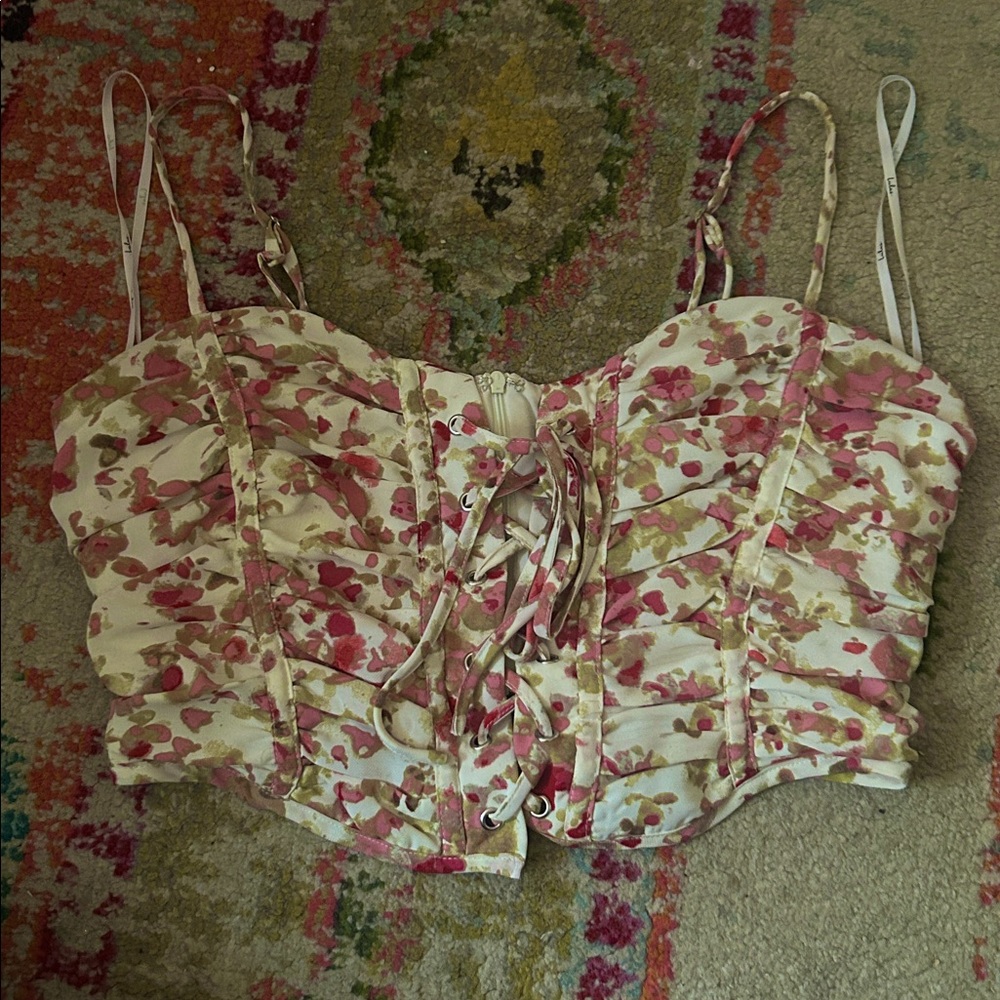 Lulus Mastered Elegance Ivory floral Print Lace-up Cami Top. Size M - Picture 8 of 9